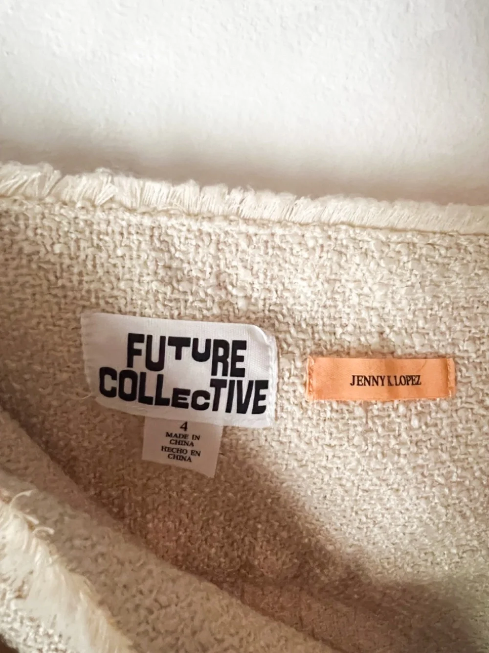 Future Collective Cream Tweed Bouclé Mini Skirt Fringe Hem Quiet Luxury Size 4